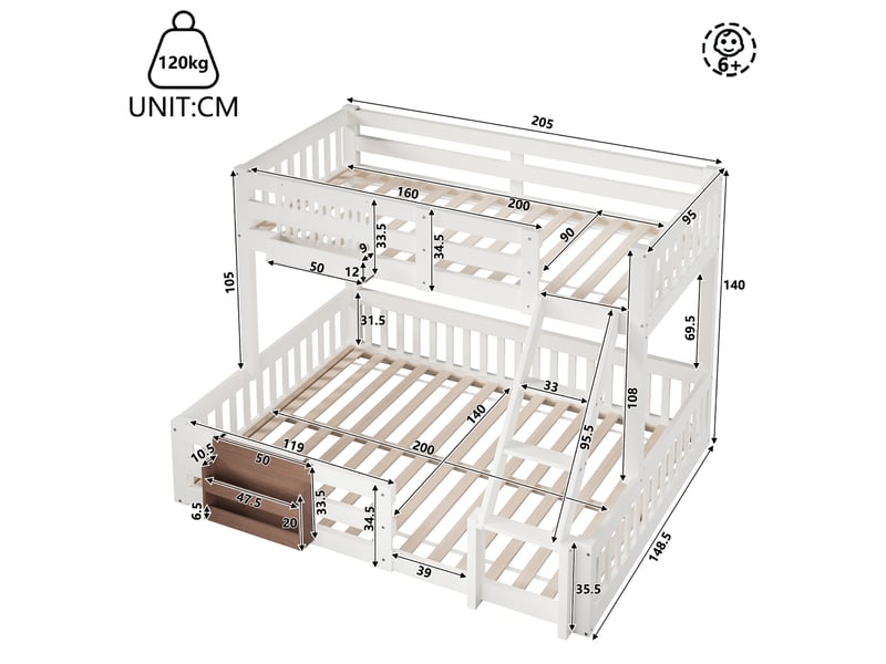  Lit superposé enfant 90x200 et 140x200 cm avec rangements, garde-corps et échelle intégrée, métal, mdf et pin, blanc Sol Morn - Conforama C