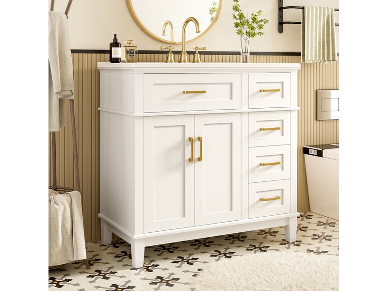  Meuble vasque sur pied 90 x 46 x 87 cm, lavabo en céramique, blanc et doré  - Conforama E