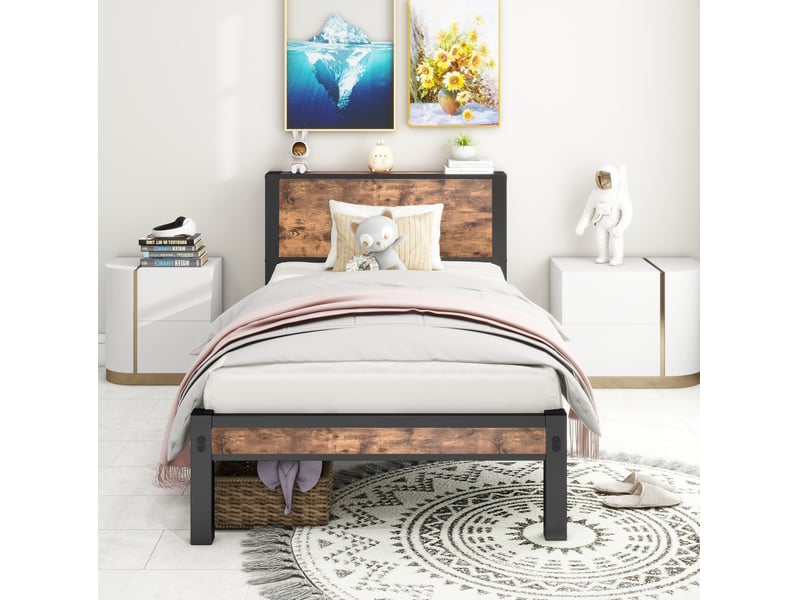  Elvmi lit simple 90x200 cm avec tête de lit de rangement, cadre de lit plateforme en métal et mdf, 13 lattes métalliques, 6 pieds, espace de rangement sous le lit 27 cm, structure stable et silencieuse, style industriel brun ant…  - Conforama A