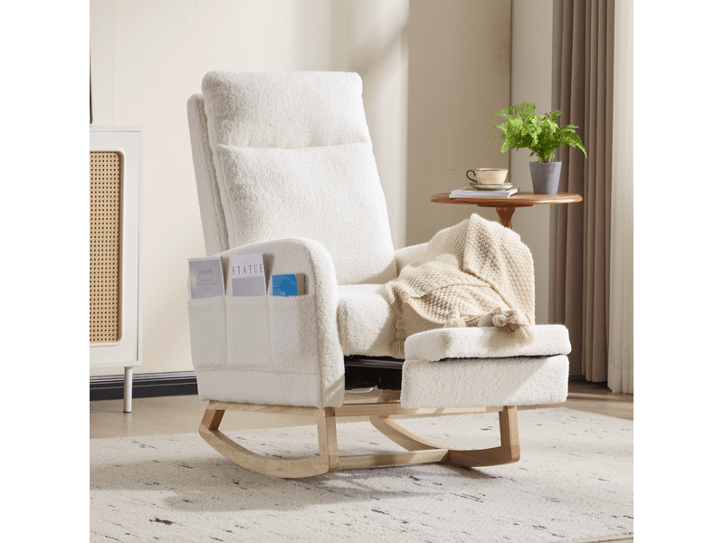 Fauteuil à bascule modenvie d'allaitement en tissu teddy blanc 75 x 63 x 104 cm avec repose-pieds - Conforama D