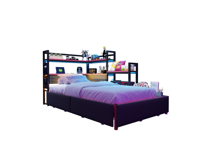 Lit enfant en métal 90x200 cm - avec 3 tiroirs - avec lumière led - avec port usb - avec étagère de rangement - noir (matelas non inclus) - Conforama A