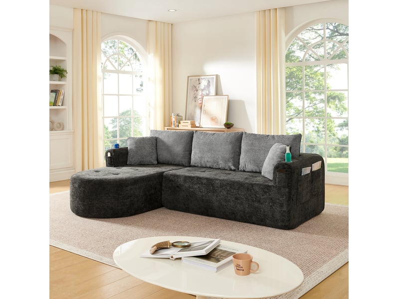  Canapé d'angle ulevr 3 places avec rangement et porte-gobelet inox, tissu de lin noir, 255 x 171 x 64 cm, sans montage  - Conforama E