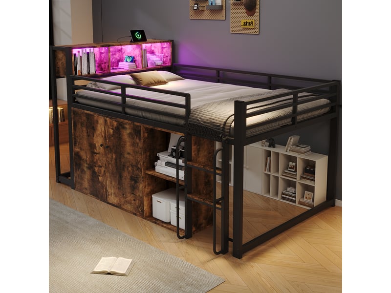  Lit mezzanine 120x200 cm avec armoire, étagères et led, noir et décor bois  - Conforama D