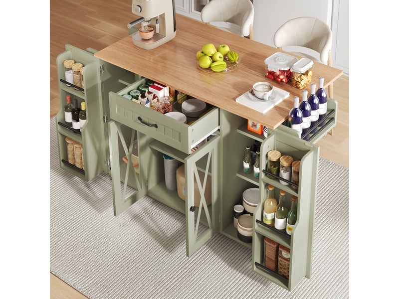 Îlot de cuisine mobile - 120x69x90 cm - sur roulettes - tiroirs - portes de rangement - rangement à vin - plateau rabattable - vert CozyNest - Conforama C