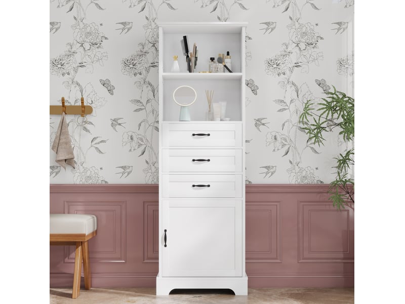 Meuble de salle de bain 56x25,6x167 cm, 3 tiroirs, armoire de rangement, design moderne, poignées noires, mdf blanc - Conforama B