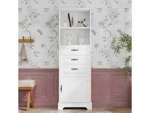 Meuble de salle de bain 56x25,6x167 cm, 3 tiroirs, armoire de rangement, design moderne, poignées noires, mdf blanc