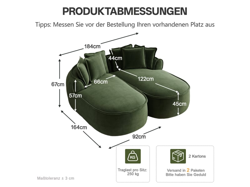  Canapé modulable convertible 2 places en tissu vert, modules sans cadre et méridiennes profondes, sans montage  - Conforama C