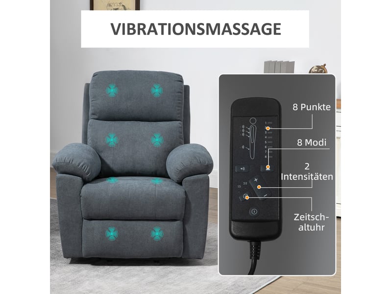 Fauteuil relax massant avec aide au relevage, inclinaison 135°, télécommande et repose-pieds, en lin gris - Conforama E