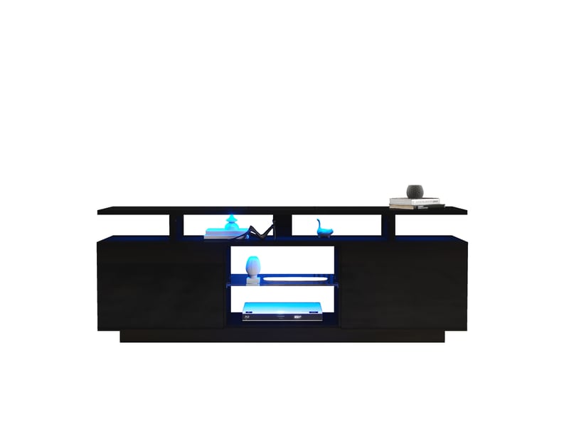  Meuble tv noir avec led 16 couleurs 140 cm, portes haute brillance et niche en verre pour tv jusqu'à 60 pouces  - Conforama A