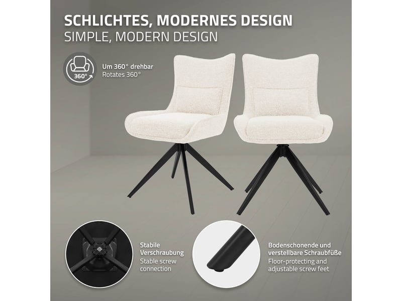  Ml-design lot de 2 chaises salle à manger pivotantes 360° en tissu bouclette beige, piètement étoile en acier, coussin lombaire intégré, siège rembourré confortable pour salon et cuisine, 120 kg  - Conforama C