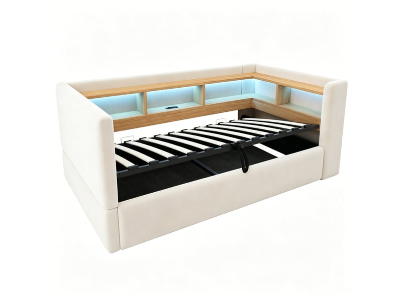  Lit canapé beige 90x190 cm avec rangement hydraulique, led, prises et rangements  - Conforama E