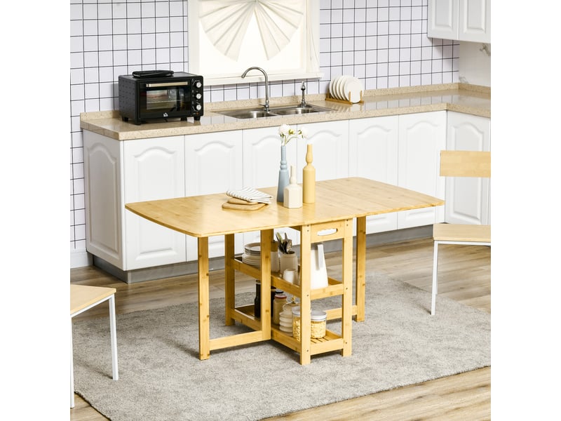 Table pliante, table à manger, deux côtés rabattables, deux étagères, pieds réglables, bambou, 149,5 x 80 x 73,5 cm - Conforama C