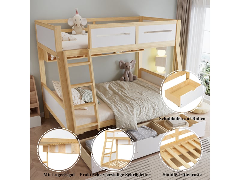  Lit superposé 90120x200 cm avec trois tiroirs, lit enfant avec étagère à livres de 2 m, cadre de lit en pin, blanc + naturel  - Conforama R