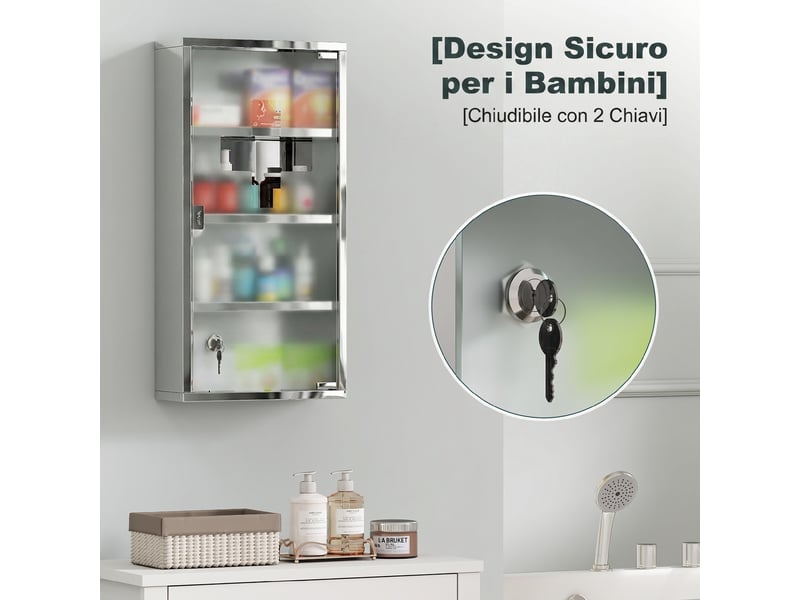  Armoire à pharmacie murale en acier inoxydable, 4 étagères, 2 clés, 30 x 12 x 60 cm  - Conforama W