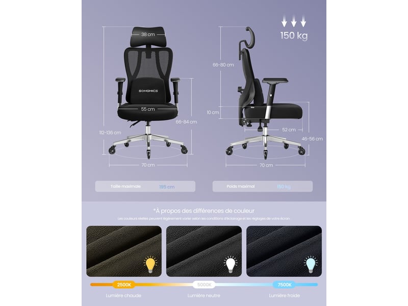  Chaise de bureau ergonomique ajustable confort assise 70 x 70 x 136 cm en tissu noir d'encre 12_0012381  - Conforama B