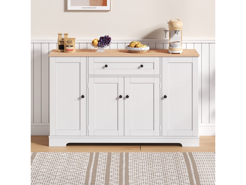  Buffet de cuisine - buffet avec tiroir, 4 portes vitrées et étagères réglables, 138x40x85cm pour la cuisine, le salon et la chambre à coucher, blanc  - Conforama D