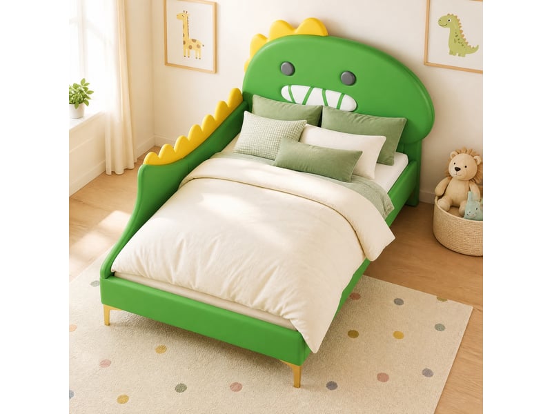  Lit enfant 90 x 200 cm vert, forme dinosaure cartoon, lit plat en pu et mdf  - Conforama D