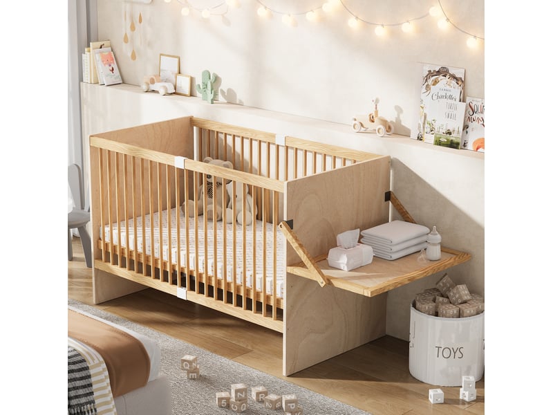  Lit bébé 70x140 cm avec table à langer pliable en bois de pin, naturel  - Conforama W