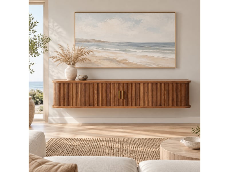  Meuble tv mural 175 cm avec portes coulissantes et led, finition noyer  - Conforama B