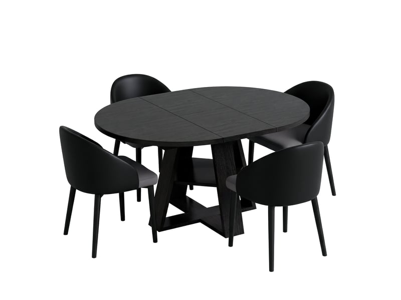 Ensemble table et 4 chaises de salle à manger – table ronde extensible 110/150x110 cm – chaises ergonomiques simili cuir noir, assise maille grise respirante - Conforama A