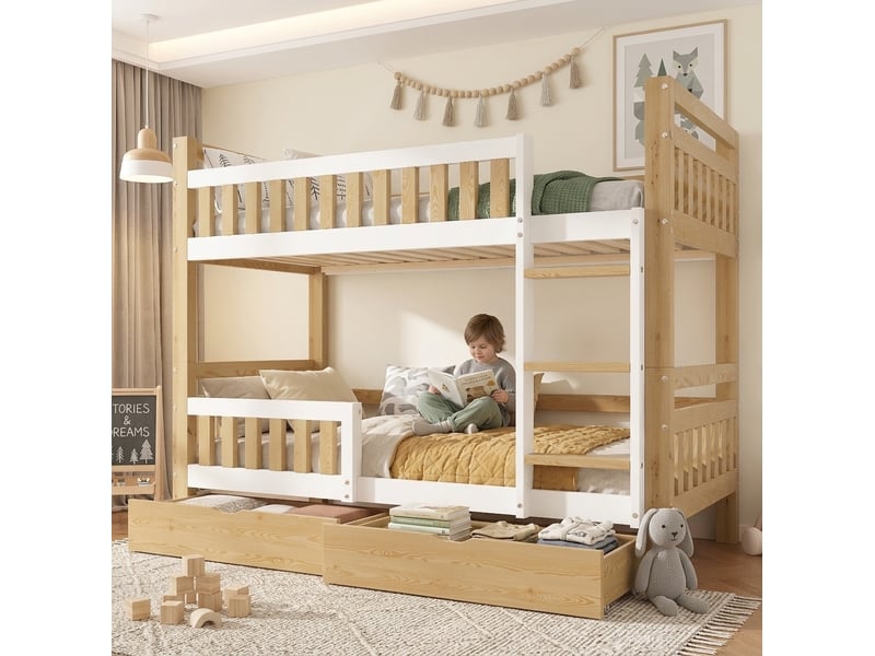  Lit superposé enfant 90x200 cm séparable en 2 lits, blanc et naturel  - Conforama B