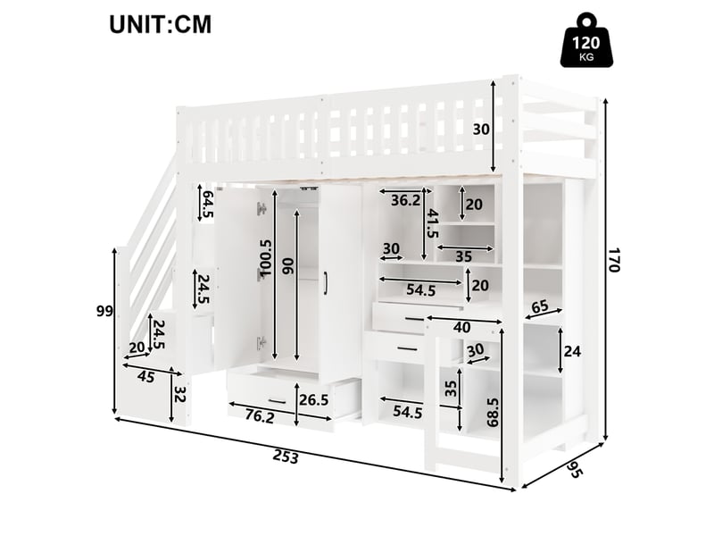 Lit mezzanine enfant 90x200 cm avec bureau, lit simple, armoire, tiroirs et rangement, bois et mdf, blanc, sans matelas - Conforama C