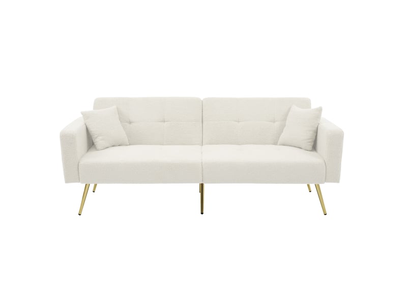  Canapé convertible bouclette blanche 2 places, canapé lit avec pieds dorés et poches latérales, dossier inclinable 175x64x72cm.  - Conforama A