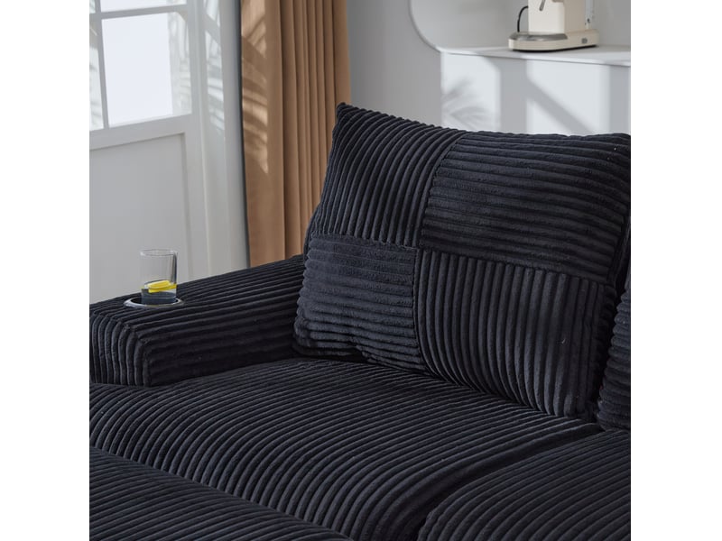 Canapé modulaire 4 places noir en velours côtelé avec 2 poufs, porte-gobelet et poche, pour soirées conviviales - Conforama D