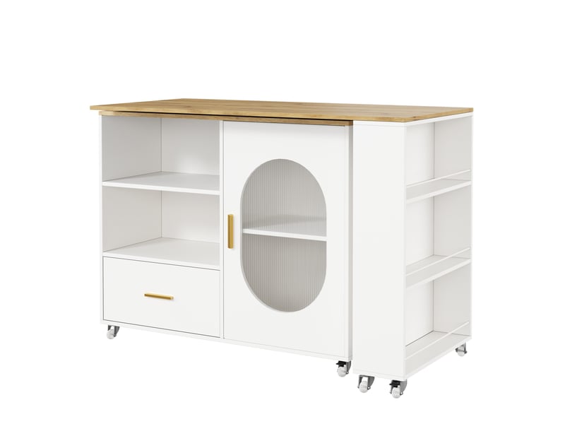 Îlot de cuisine mobile avec plateau pivotant 360°, naturelblanc, 120–180 x 60 x 90 cm - Conforama E
