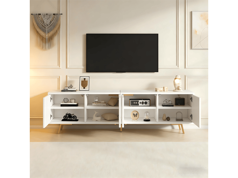  Meuble tv 190 cm pour téléviseur 85 pouces, meuble tv blanc et or avec 4 portes et étagères  - Conforama B