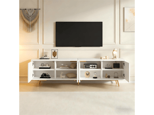 Meuble tv 190 cm pour téléviseur 85 pouces, meuble tv blanc et or avec 4 portes et étagères