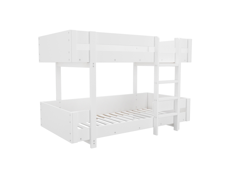Lit superposé 90x200 cm, lit enfant avec escalier et barrière renforcée en bois, blanc, sans matelas - Conforama D