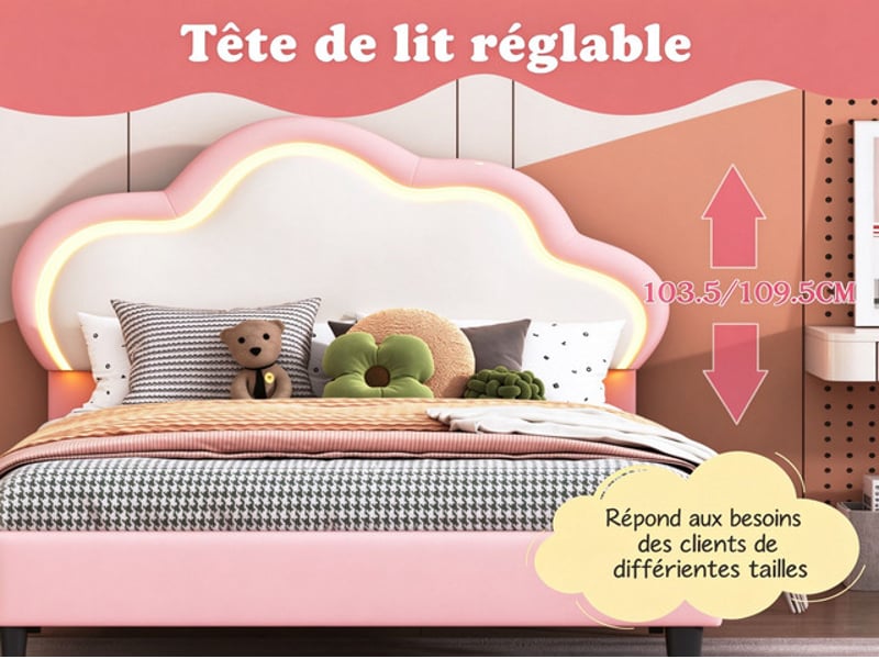  Lit enfant 90x200 cm ezssw, coloris rose  - Conforama E