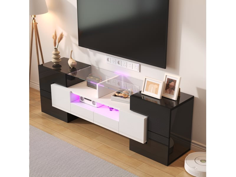  Meuble tv bas 145 x 30 x 51 cm, led multicolore, mdf blanc brillant  - Conforama E