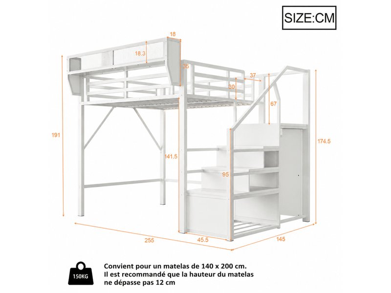  Lit mezzanine 140x200 cm blanc en métal, led, échelle sécurisée et étagère modulable Fay Lum - Conforama C