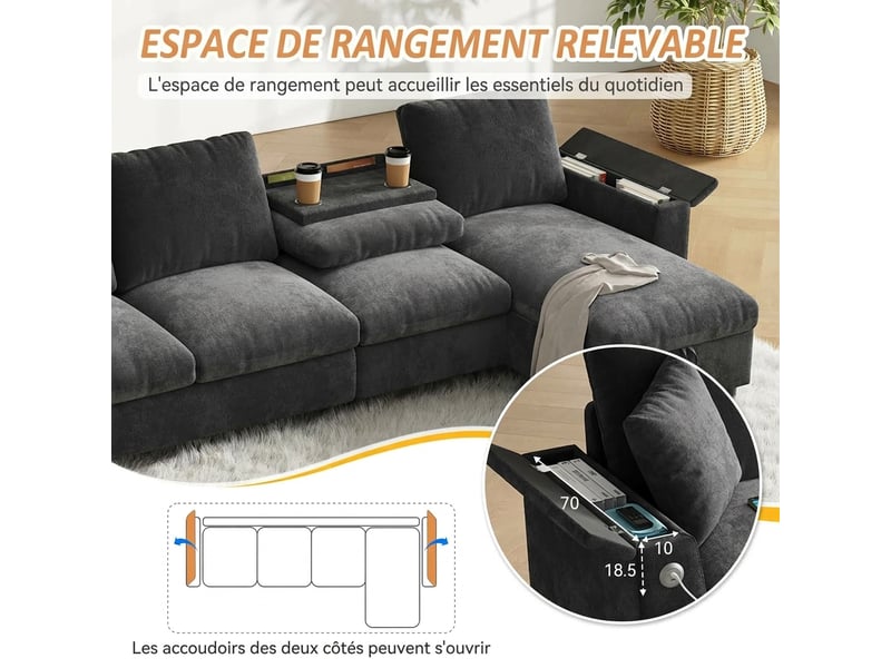  Canapé d'angle en chenille gris 4 places avec rangement - table rabattable, usb &amp; porte-gobelets  - Conforama E