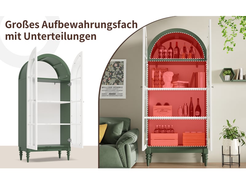  Lot de 2 vitrines cintrées, coloris vert foncé et blanc, 76 × 38,5 × 165 cm chacun, mdf, métal et verre, 3 niveaux  - Conforama E