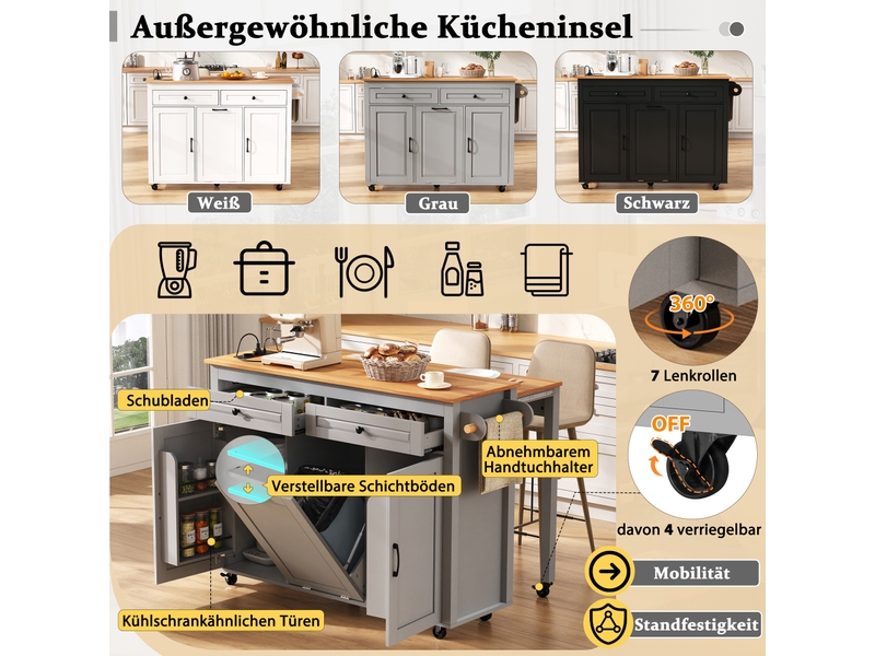 Desserte de cuisine à roulettes avec plan coulissant, prises et compartiment poubelle en mdf pour cuisine grise - Conforama E