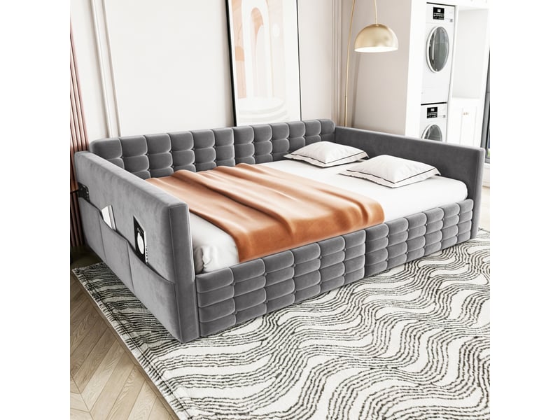  Lit rembourré 140x190 cm avec sommier, tiroirs et poches de rangement gris  - Conforama D