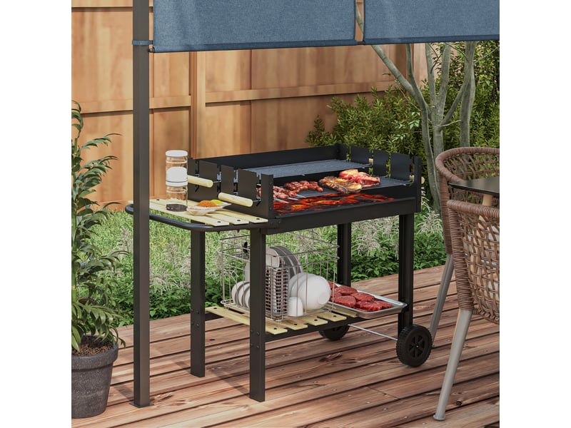  Barbecue à charbon bbq grill sur pied avec double gril réglable 2 roues et 2 étagères dim. 113l x 53,5l x 82,5h cm noir  - Conforama C