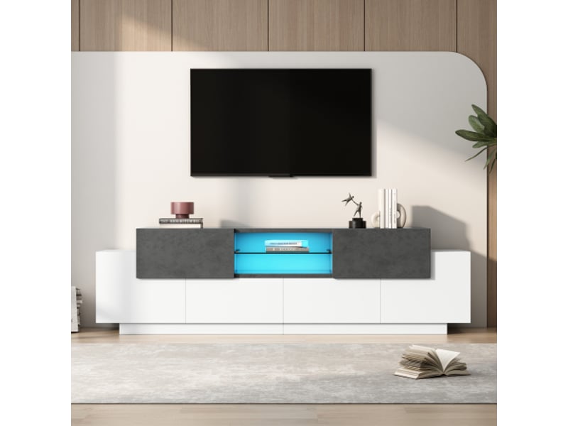  Meuble tv blanc et gris avec étagères en verre adapté aux téléviseurs jusqu'à 80 pouces  - Conforama B