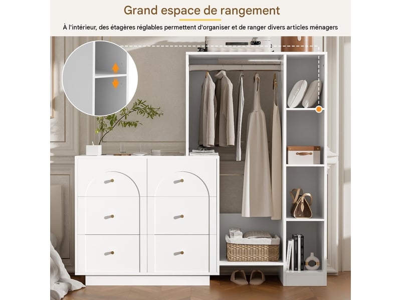  Armoire dressing ouverte avec tringle et 6 tiroirs blanc 139 x 35 x 133 cm  - Conforama D