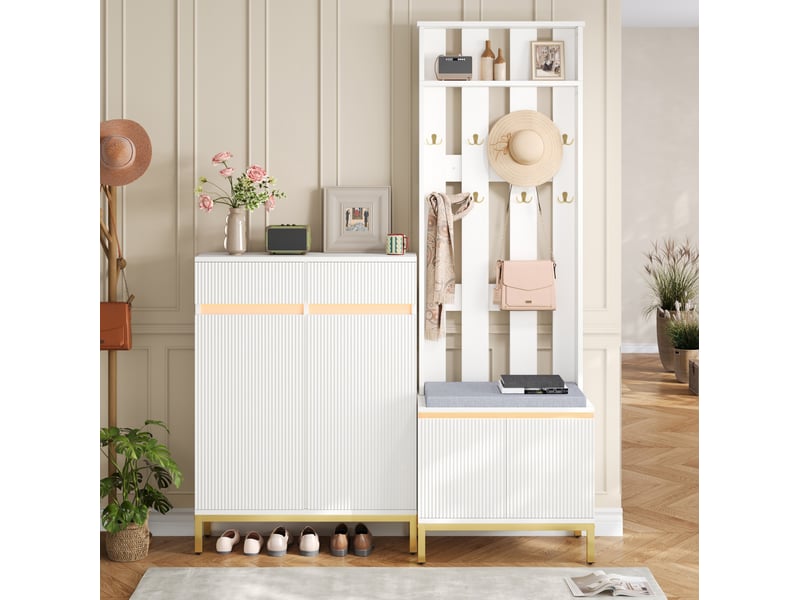 Meuble d'entrée avec meuble à chaussures, banc, patères, rangement et led pour entrée, blanc - Conforama D