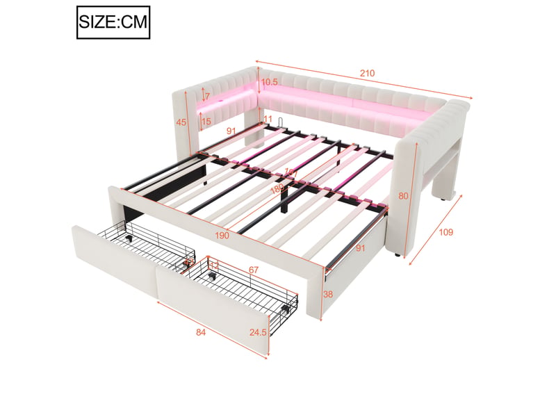  Lit convertible, 90x190 cm, évolutif 180x190 cm avec tiroirs pratiques, led, matelas non inclus, velours, coloris beige  - Conforama C