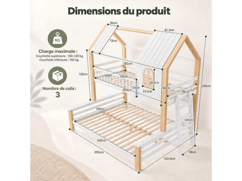  Lit superposé enfant 90x200140x200 - lit cabane enfant avec escalier et barrières - lit superposé 2 places - blanc et naturel  - Conforama C