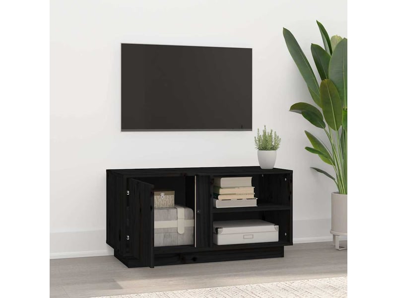  Meuble tv - banc tv - meuble de rangement noir 80x35x40,5 cm bois de pin massif  - Conforama C