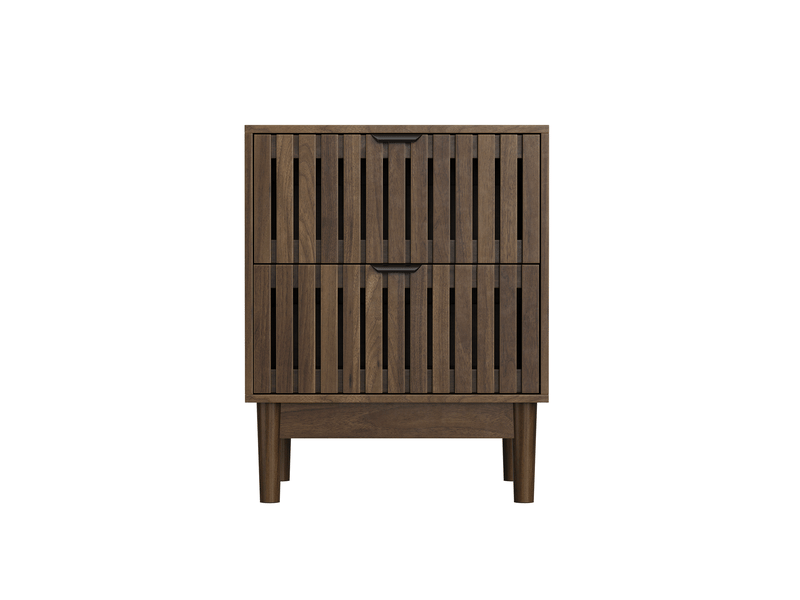  Table de chevet 45x39x56,5 cm avec 2 tiroirs en mdf noyer foncé, design à lattes, meuble de rangement pour chambre, salon  - Conforama E