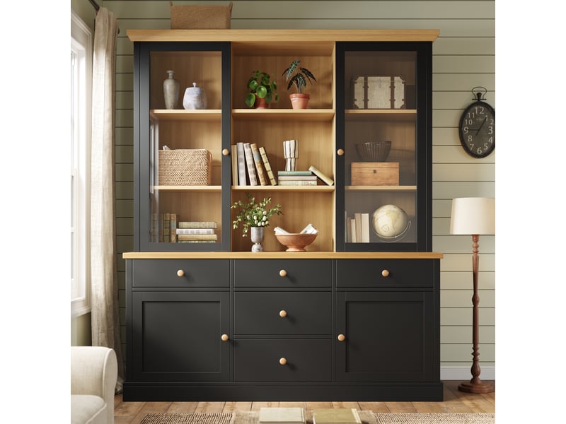  Buffet haut 140x40x185cm avec 5 grands tiroirs, portes vitrées et dispositif anti-basculement, meuble de rangement pour cuisine et salle à manger, noir evarich - Conforama B