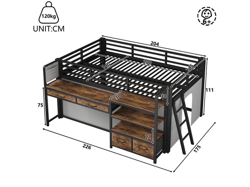 Lit mezzanine 140x200 cm noir avec bureau, rangements et éclairage led - Conforama C