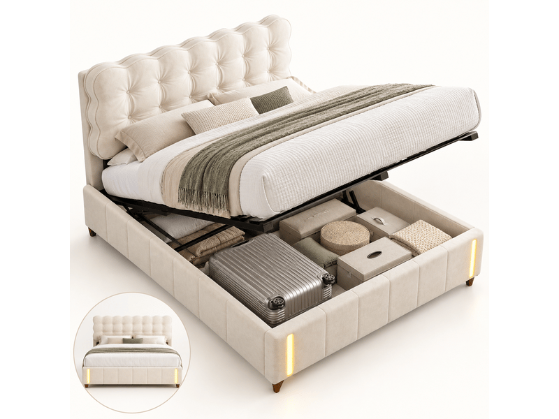  Lit 2 personne 140x190 cm avec éclairage led - lit coffre double avec rangement hydraulique - lit adulte capitonne avec sommier - tête de lit rembourré en velours, 2 places, beige - fonctionnel  - sans matelas - chambre adultead…  - Conforama A
